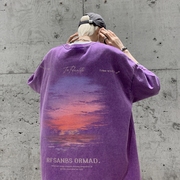 落日紫色短袖男款夏季欧美高街t恤中性风情侣水洗做旧重磅半截袖
