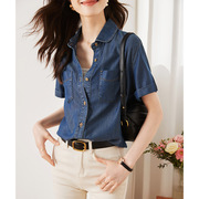 时髦蓝色短袖牛仔衬衫，女夏装2023韩版宽松气质女士衬衣设计感