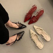 法式气质名媛黑色包头凉鞋女鞋子2024春季尖头红色高跟鞋单鞋