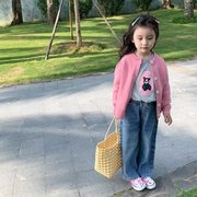 韩国童装女童粉色针织开衫毛衣外套儿童纯棉圆领灰色长袖t恤洋气