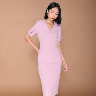 BRANDBYMEI律政商务通勤优雅气质简约设计感纯色小V领铅笔连衣裙