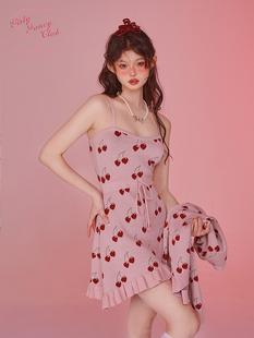GirlyFancyClub樱桃派*甜欲少女粉色吊带裙开衫两件套针织连衣裙