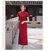 中国红礼服旗袍走秀裙回娘家红色短袖双层年轻款改良纯色气质高端