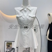 夏季衬衫女白色修身高腰无袖，韩版网红气质口袋上衣女polo领潮