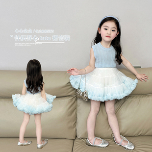 女童tutu裙套装夏装，2024韩版洋气儿童，薄款针织背心蓬蓬裙女宝