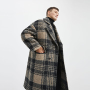 中长款羊毛呢子大衣男士冬季宽松双排扣中长款格子毛呢大衣外套潮
