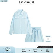 Basic House/百家好蓝色休闲套装女夏季针织衫短裤两件套