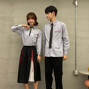 韩版灰色彩条衬衫学生班服开衫，套装jk制服英伦，学院风校服舞台表演