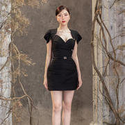 越南小众品牌ELENII 2023年夏季法式时尚气质黑收腰连衣裙