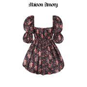 节日系列Maison Amory黑底糖果粉玫瑰印花迷你连衣裙