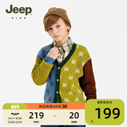 jeep吉普童装针织衫2023秋季中大通，拼色柔软儿童扣子毛衣开衫