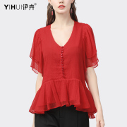 欧洲站气质雪纺衫女夏短袖v领宽松遮肚子上衣设计感洋气红色小衫