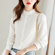 木耳领白衬衫女长袖拼接条纹设计感修身上衣纯棉加绒衬衣
