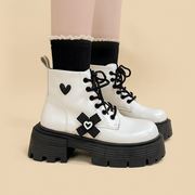 白色马丁靴女2023春季日系甜酷可爱小个子靴子，低跟厚底中筒靴