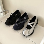 韩国女鞋法式浅口单鞋松糕底蝴蝶结芭蕾风运动鞋交叉厚底玛丽珍鞋