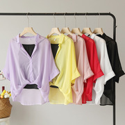 雪纺上衣夏季短款女装小罩衫，韩版宽松蝙蝠袖，衬衫雪纺衫+吊带