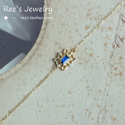 Rees蓝颜。稀少方形天然蓝宝石花丝钻石18k黄金手链
