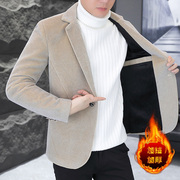 水貂绒西服外套男士秋冬季韩版修身加绒加厚西装上衣40岁