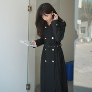 黑色高级感压褶风衣外套女长款2023春季法式设计感双排扣大衣