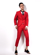 川泽大红色修身西服三件套 韩版男士结婚礼服新郎主持人西装套装