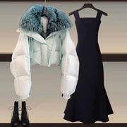 大码女冬装职业套装，裙胖mm显瘦遮肉减龄短款棉服外套连衣裙两件套