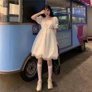 法式小个子高级感连衣裙，2024夏季泡泡，袖蓬蓬裙女白色甜美短裙