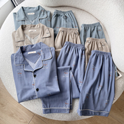 夏季印花开衫短袖睡衣短裤长裤男士三件套家居服睡衣套装A435