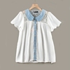 B1日单外贸夏季雪纺蕾丝宽松娃娃领泡泡短袖甜美白色衬衫漂亮小衫