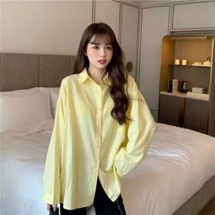春装纯色黄色衬衫女设计感小众，韩系长袖高级感内搭叠穿衬衣外套