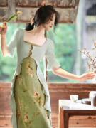 新中式绿色印花吊带荷叶边针织开衫套装修身连衣裙中袖十动漫