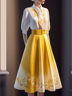 点点春秋季高级感小洋装女装轻奢黄色半身裙两件套装搭配白色衬衫