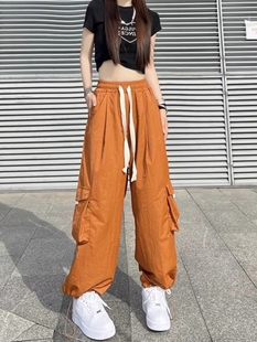 美式复古工装长裤女春秋，薄款夏季橙色高腰，宽松直筒阔腿休闲运动裤