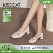 接吻猫新中式茉莉乐福鞋春季珍珠舒适方头粗跟牛皮裸色单鞋女