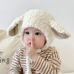 宝宝帽子冬款羊耳朵护耳婴儿，毛绒帽(毛绒帽)男孩，女童秋冬季加厚儿童毛线帽