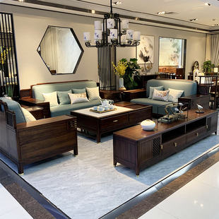 新中式沙发组合禅意别墅，大小户型客厅现代简约小乌金实木高端家具