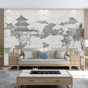 现代新中式山水墙纸楼阁雅致意境，风壁画客厅沙发，背景墙布茶室壁纸