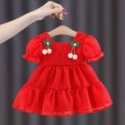 夏季女宝宝大红色礼服女童裙，子女宝周岁宴，衣服一岁婴儿公主连衣裙