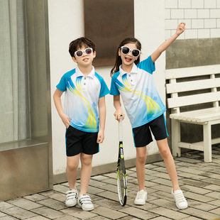 儿童蓝短袖体操运动短裤套装，亲子装夏n9幼儿园，服校服广场舞团体服