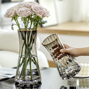轻奢小花瓶玻璃摆件客厅，插花透明水养，鲜花百合玫瑰高级感餐桌水培