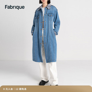 fabrique深蓝色收腰系带花呢，拼接毛边中长款牛仔风衣，外套女士大衣