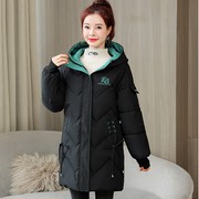 冬季羽绒棉棉衣女，中长款棉服外套2023韩版连帽，纯色保暖上衣