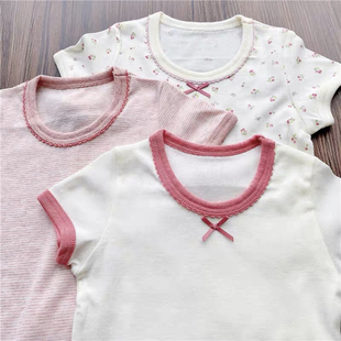 日系女童t恤短袖夏三件(夏三件)装儿童纯棉，条纹t桖薄款透气a类无荧光