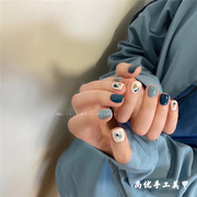 光疗手工穿戴甲片蓝涂鸦显白成品，美甲假指甲贴片气质手绘甲片订制