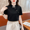 新中式珍珠盘扣短袖t恤女夏季2024改良旗袍立领上衣正肩体恤