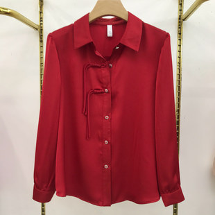 新中式盘扣长袖红色衬衫女装2024春季时尚休闲打底衫妈妈上衣