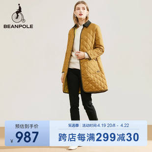 断码beanpole滨波秋冬女士，菱格纹灯芯，绒领中长款棉服夹克