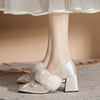 一脚蹬白色毛毛，鞋女冬季外穿高级感法式蝴蝶结，高跟鞋粗跟加绒单鞋