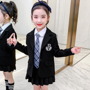 女童外套2023洋气韩版西服春秋装中大童小西装黑色套装儿童西装女