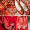 红色手工刺绣婚鞋新娘秀禾裙褂绣花鞋绢布，粗多种跟中式结婚礼两穿