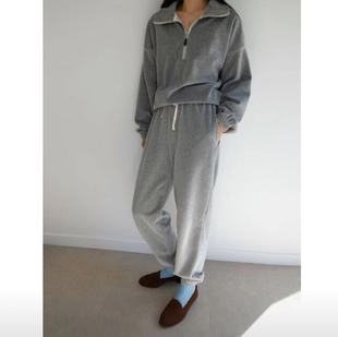 韩国modest mood灰色半拉链刺绣卫衣卫裤两件套休闲运动套装